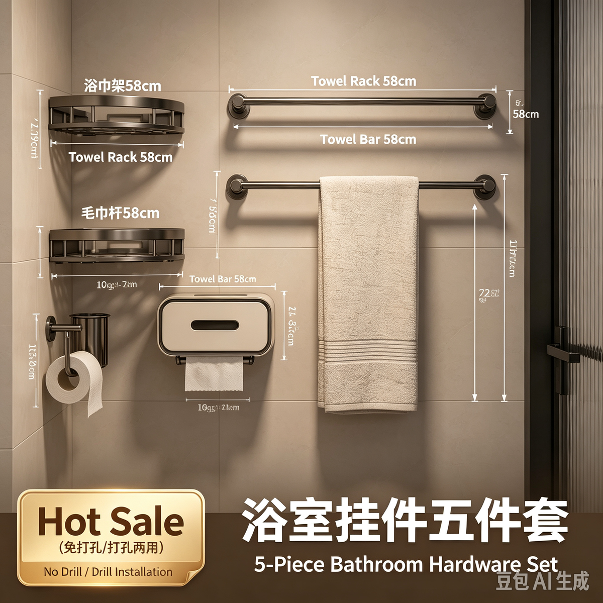 5Pcs No-Drill Bathroom Hardware Set, Wall Mount Bathroom Towel Rack & Storage Accessories