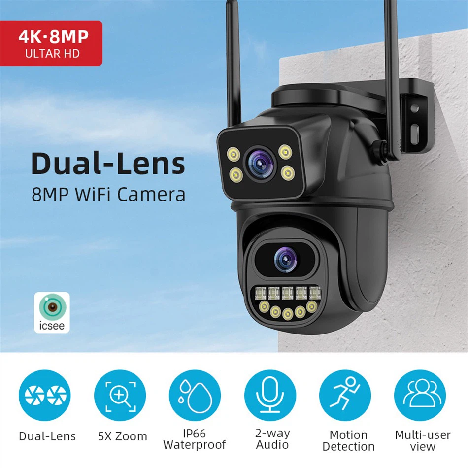 8MP Dual‑Lens WiFi PTZ Security Camera, Outdoor IP66 Waterproof, 4K Ultra HD, icsee App Remote View, Cloud & Local Storage