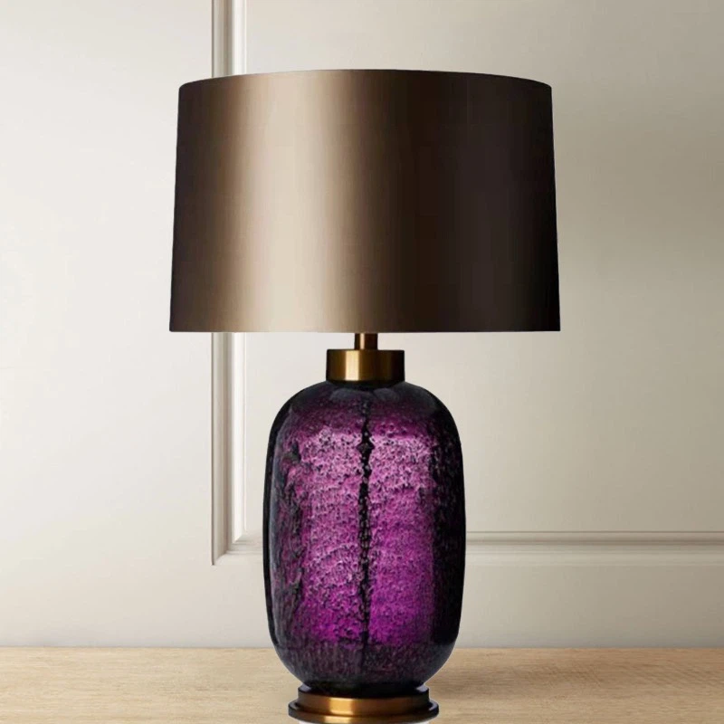Purple Bubble Glass Table Lamp, Brass Base & Champagne Fabric Shade Luxury Night Lamp