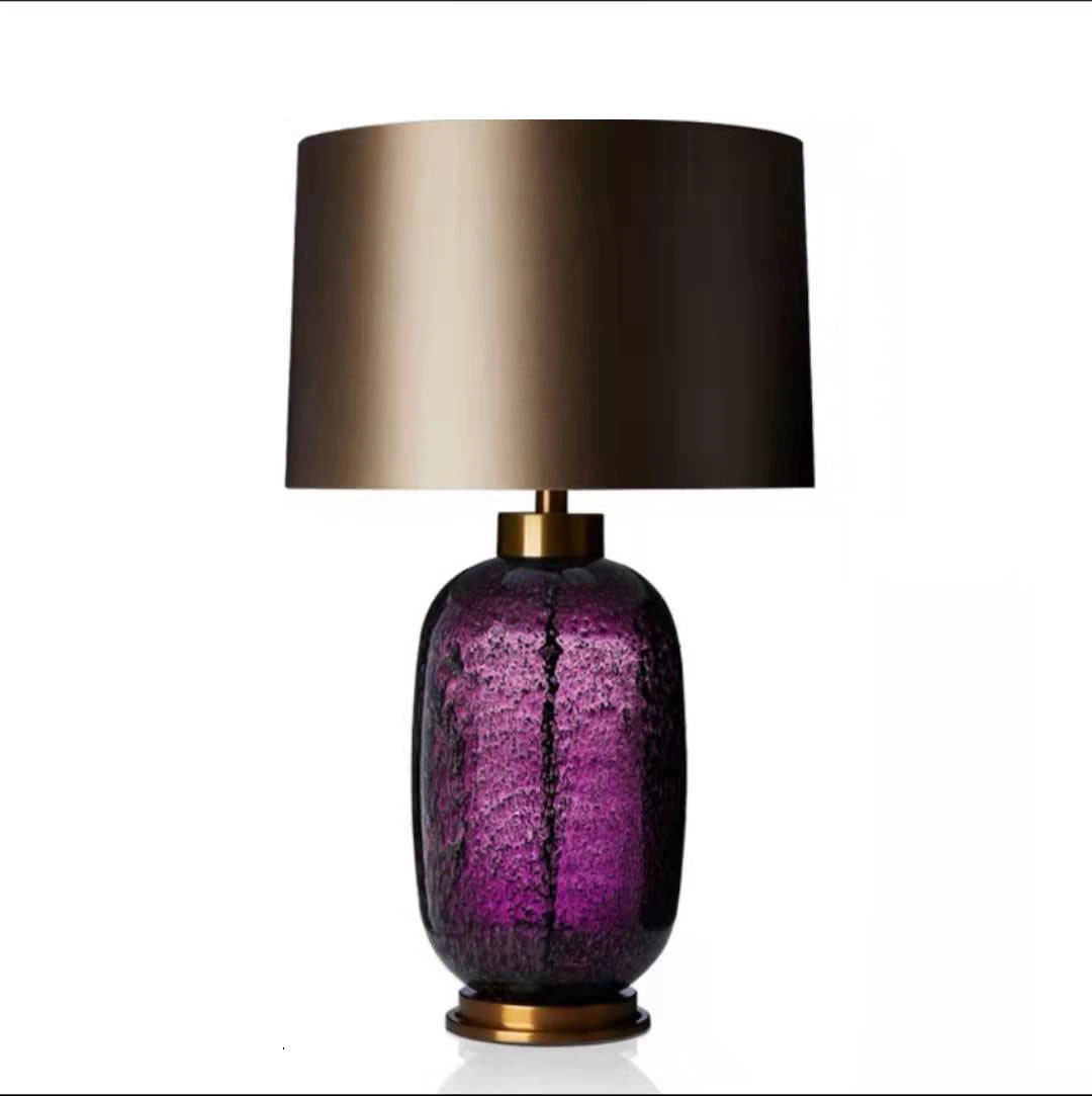 Purple Bubble Glass Table Lamp, Brass Base & Champagne Fabric Shade Luxury Night Lamp