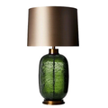 Green Bubble Glass Table Lamp, Brass Base & Champagne Fabric Shade Luxury Night Lamp
