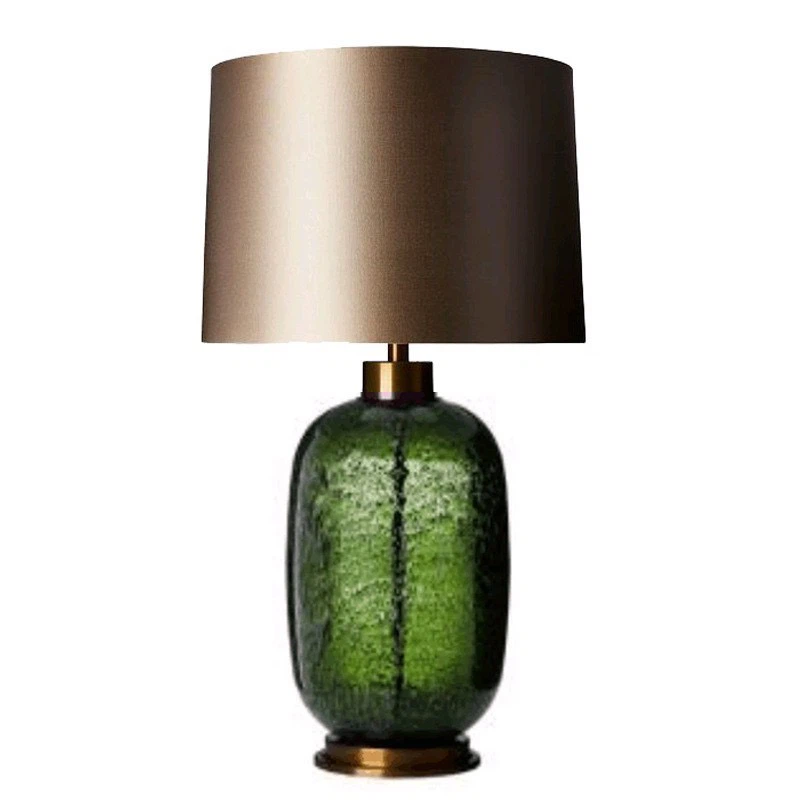 Green Bubble Glass Table Lamp, Brass Base & Champagne Fabric Shade Luxury Night Lamp