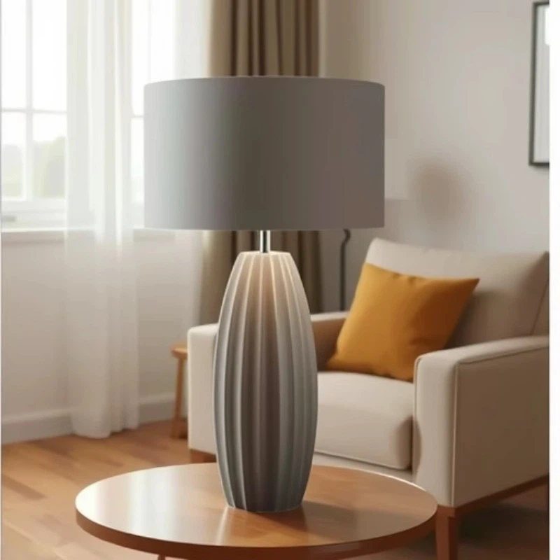 Modern Fluted Ceramic Table Lamp, Minimalist Decor Nightstand Lamp for Home & Hotel