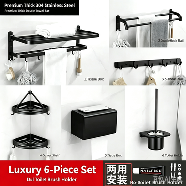 6Pcs No-Drill 304 Stainless Steel Bathroom Hardware Set, Matte Black Wall Mount Bathroom Accessory Kit