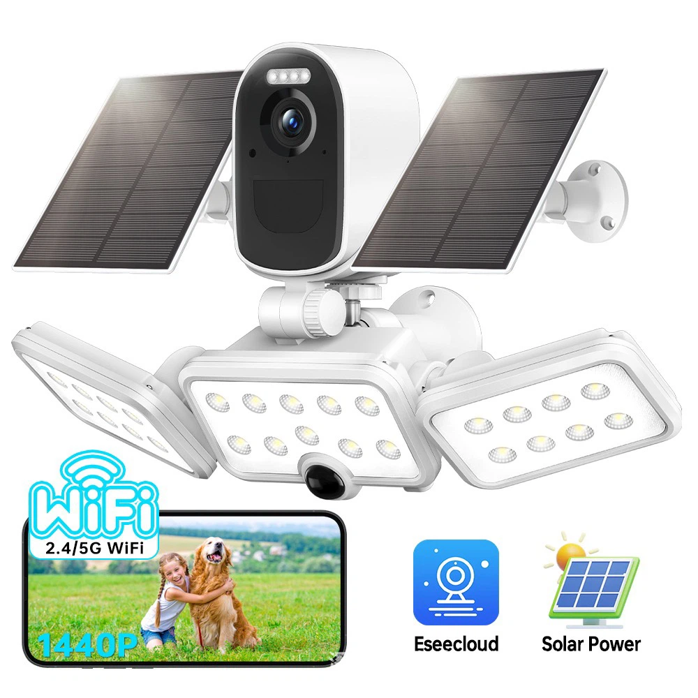 Dual‑Solar‑Panel Floodlight Security Camera, 4MP 1440P Outdoor WiFi Wireless Battery Camera, IP65 Waterproof Color Night Vision, Eseecloud App Home Surveillance Cam