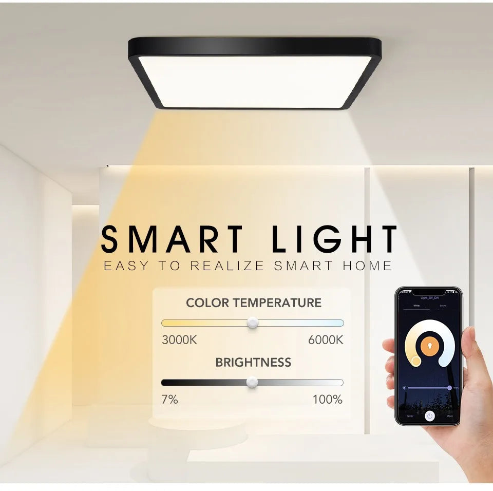 Smart LED Ceiling Lamp Wood Grain App Voice Control Alexa/Google Remote Control Square Ceiling Lights Living Room