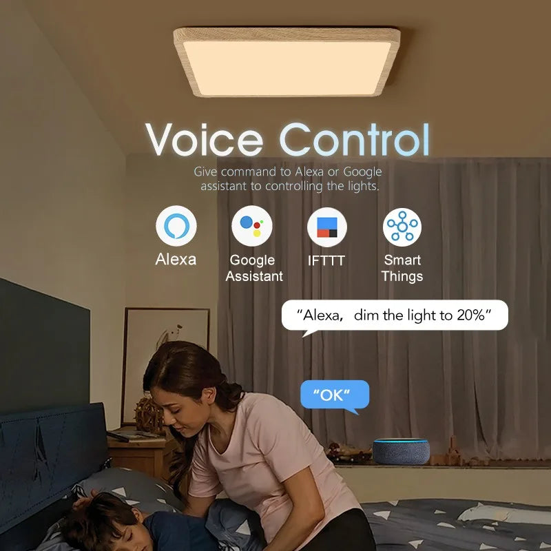 Smart LED Ceiling Lamp Wood Grain App Voice Control Alexa/Google Remote Control Square Ceiling Lights Living Room