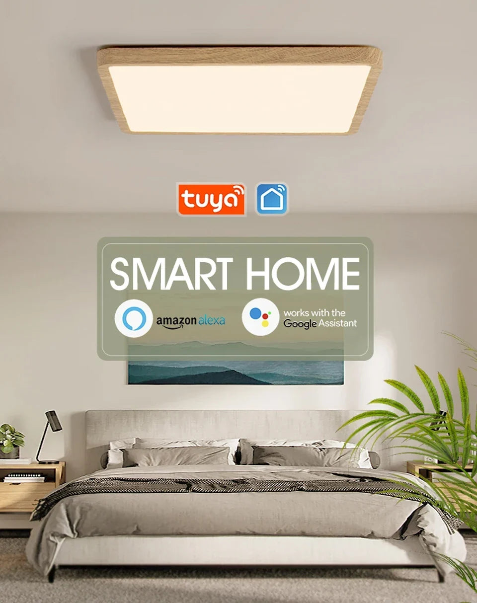 Smart LED Ceiling Lamp Wood Grain App Voice Control Alexa/Google Remote Control Square Ceiling Lights Living Room